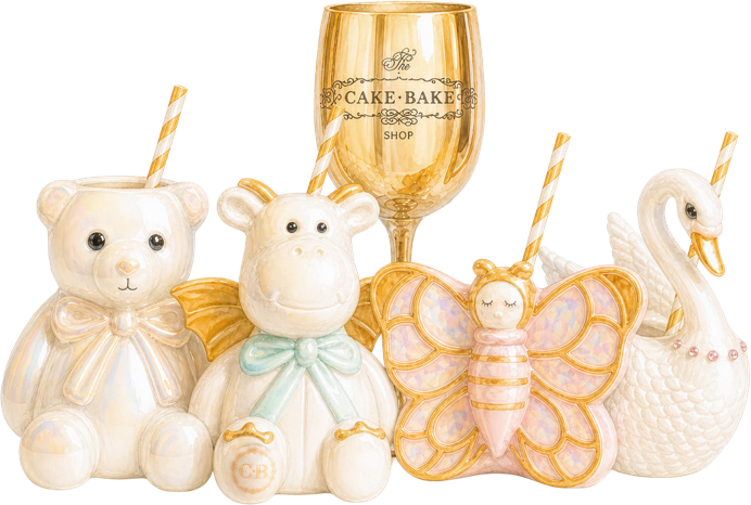 Souvenir porcelain cups and rose gold goblet